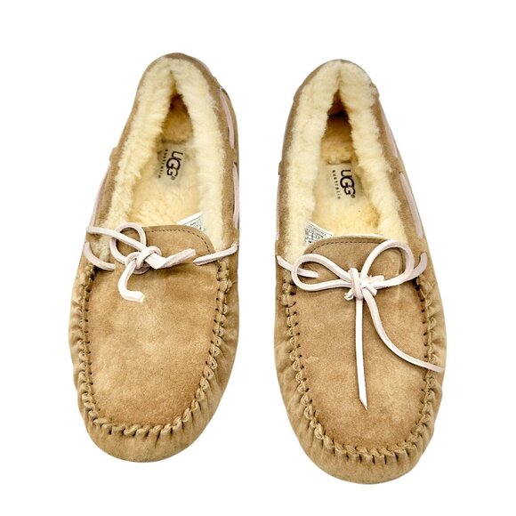 UGG Australia Slippers Womens Size 8 Sheepskin-Lined Leather Moccasin Tan - Picture 5 of 8